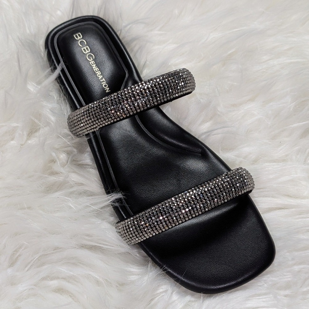 NWT BCBGeneration Glannis Rhinestone Double Strap Black Slide Sandals Size 6M 36